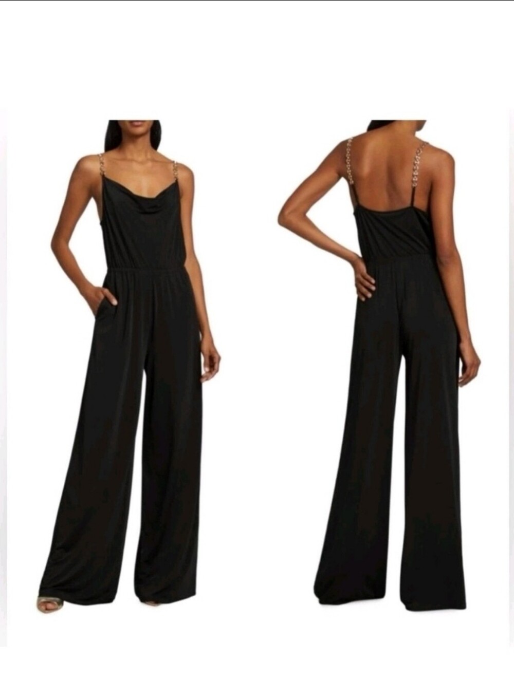 Jason Wo Women's Black Jumpsuit with Cowl Neck and Chain Straps M NWT